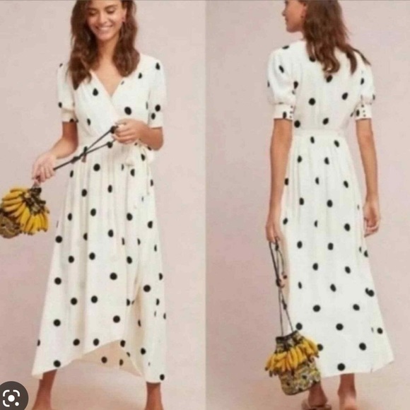 Anthropologie Dresses & Skirts - Anthropologie Maeve Breanna Polka Dot Dress White 0 Faux Wrap
